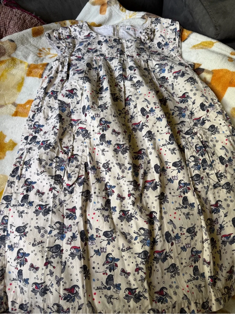 H&M Cream Dress with Navy and Red Bird Print